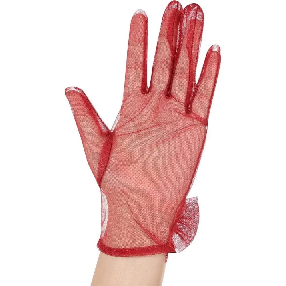 Women's Bow Burgundy Evening Tulle Short Length Gloves Wrist Tea Party Prom